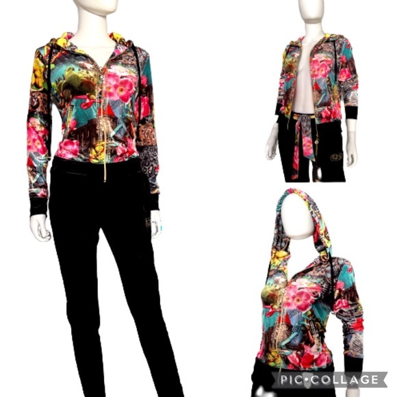 WOMEN VELOUR TRACKSUIT 2P SET JACKET/BLACK PANTS LOUNGEWEAR FLORAL PRINT HOODED‎ - Picture 11 of 12